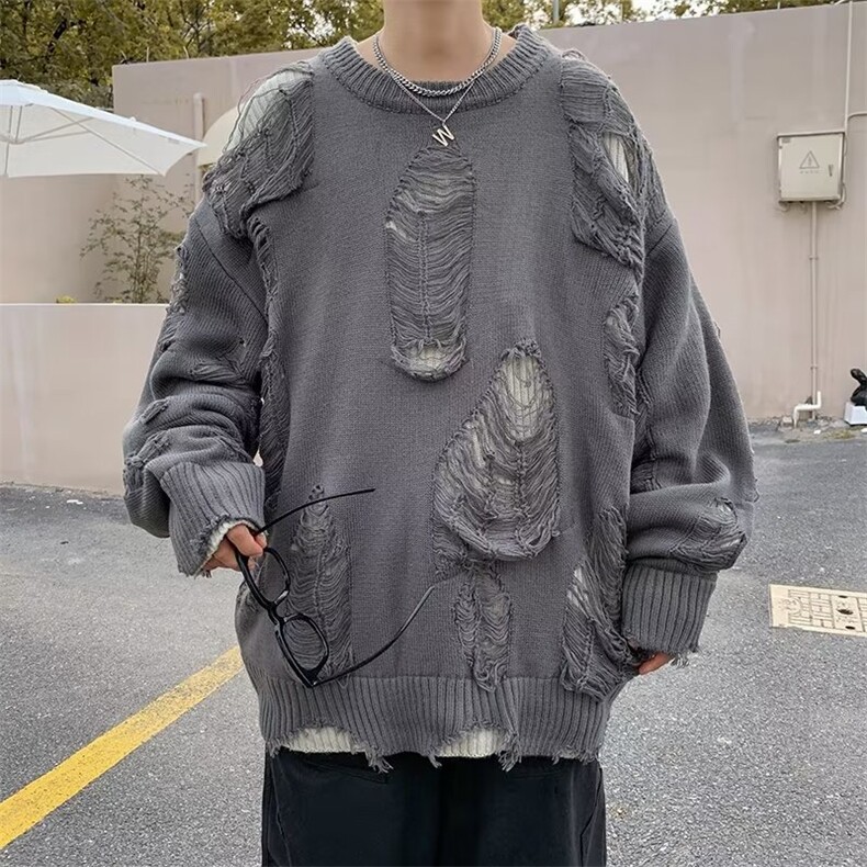 美式假两件毛衣男女冬季加厚破洞潮牌针织衫慵懒风外套Y157-P40图片