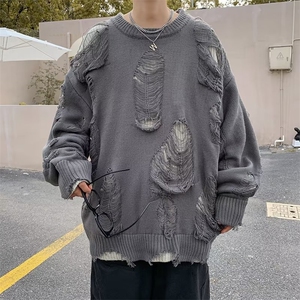美式假两件毛衣男女冬季加厚破洞潮牌针织衫慵懒风外套Y157-P40图片