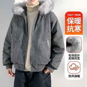 现货 扎染PU皮棉服男冬季加厚连帽棉衣座山雕大毛领外套M090-P120图片