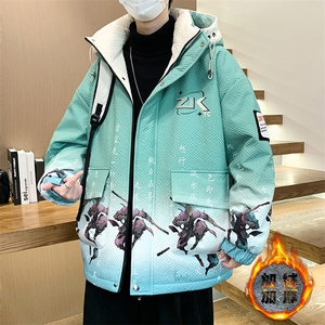新款男士连帽加绒加厚时尚潮牌夹克宽松外套冬季图片