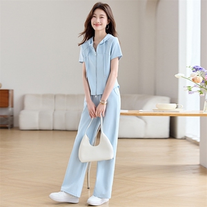 时尚休闲运动服套装女2025夏季新款连帽短袖T恤阔腿直筒裤两件套图片