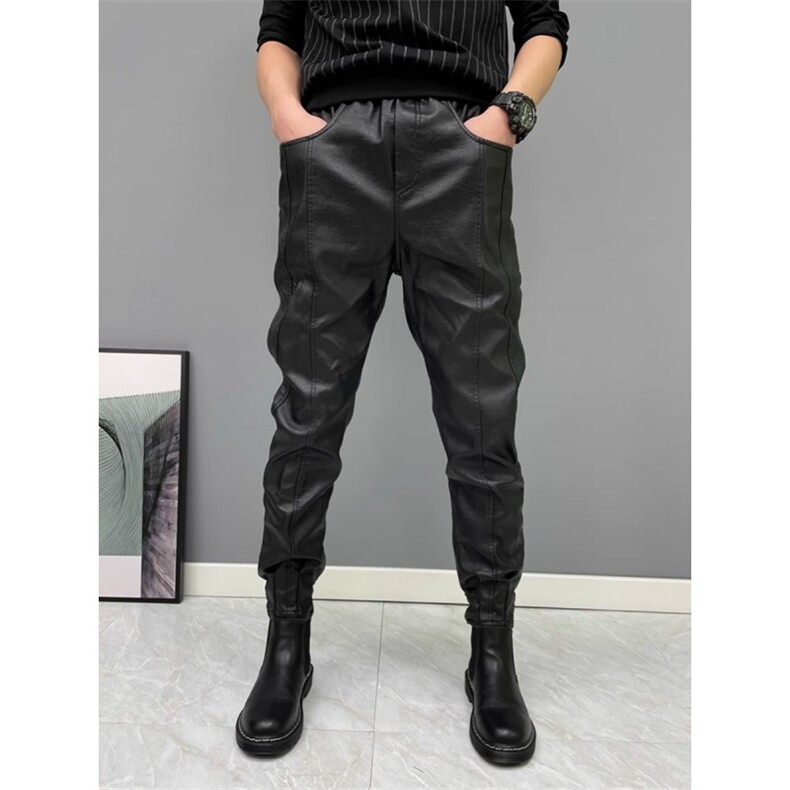 冬季加绒黑色休闲皮裤男士防风防水工作服外卖骑行裤男摩托车皮裤，男装皮裤，星座1210-1