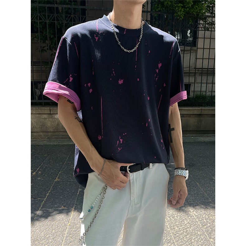 T321-P40控68260克夏季圆领双色针织烧花短袖男宽松潮牌打底衫,男装T恤,电商A058-1（原电商C417）