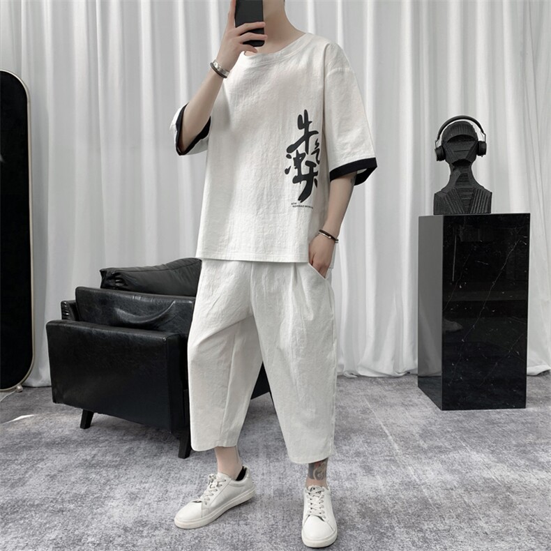 W857P85短句风短袖汉字印花T恤套装棉麻薄款风七分裤青年,男装休闲套装,电商A026