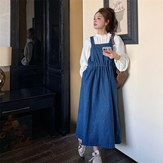 蓝色牛仔背带连衣裙裙套装女2025春新款学院风减龄衬衫长裙两件套，女装套装/套裙，2C037