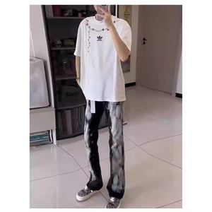 时尚慵懒ins简约新款弹力泼墨微喇牛仔裤原宿潮流情侣款牛仔裤子图片