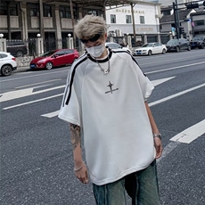 三条杠拉链露锁骨男女t恤重磅痞帅cleanfit短袖情侣七分袖~DX2501，男装T恤，星座601-2