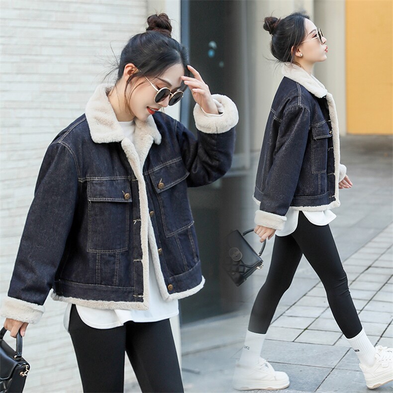 欧货毛领加绒牛仔外套女短款2024秋冬新款港风宽松加厚夹克潮ins，女装牛仔外套，曼娅璐