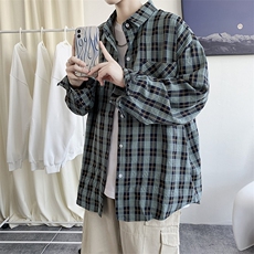 秋冬新款港风男女百搭格子长袖衬衫宽松外套情侣ins潮H210/P45，男装衬衫，钱塘713