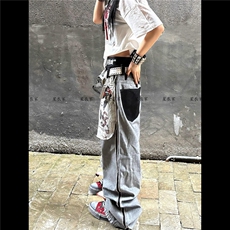 NK1007-P58美式复古反穿大口袋牛仔裤女设计感街头直筒宽松，男装牛仔裤，电商B323A