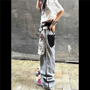 NK1007-P58 美式复古反穿大口袋牛仔裤女设计感街头直筒宽松图片