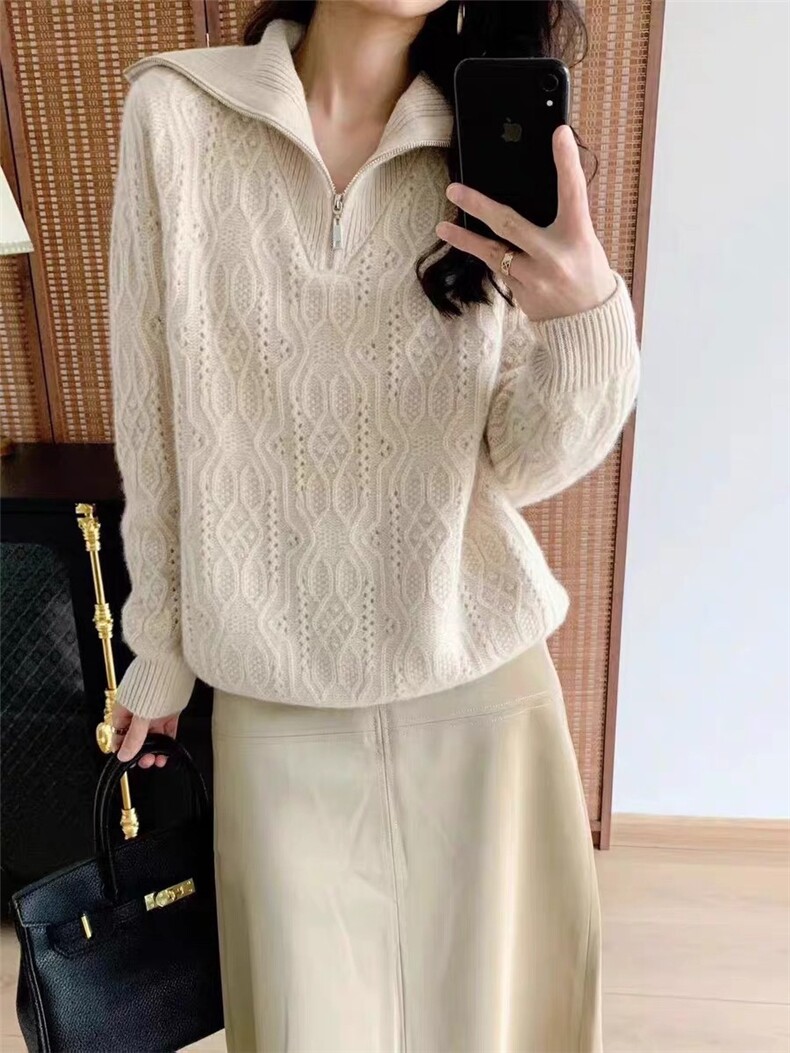 半拉链翻领山羊绒衫女秋冬新款套头毛衣加厚保暖上衣图片