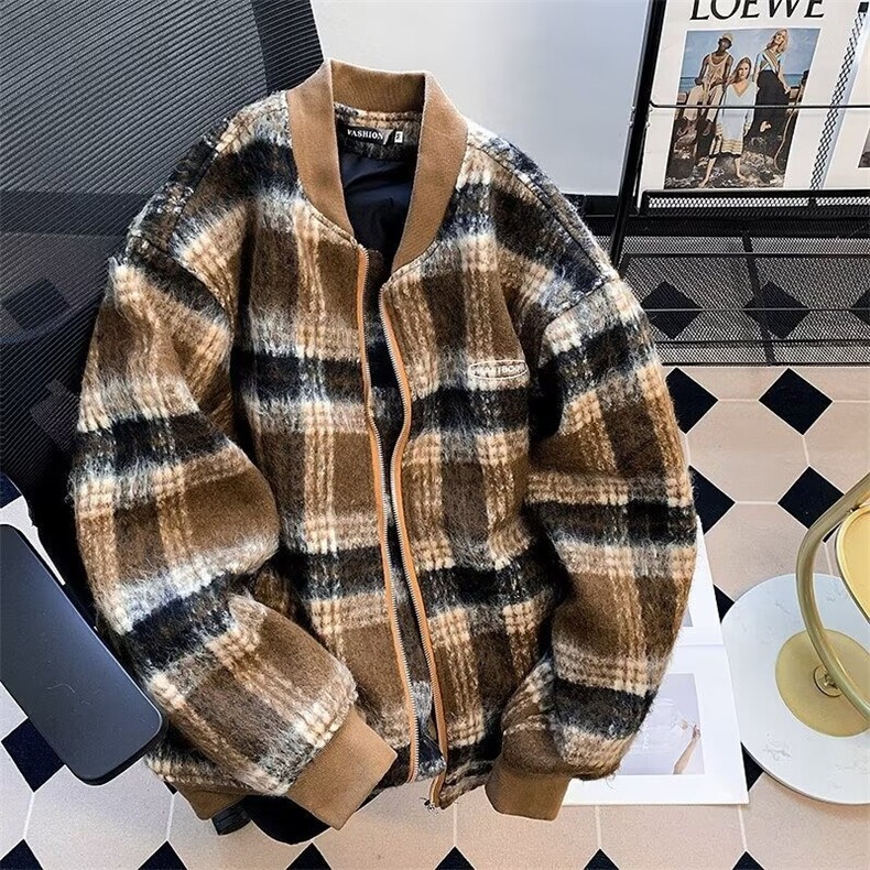 冬款拼色格子毛呢棒球服棉衣男潮牌夹棉加厚保暖外套MY315P75,男装棉衣,星座1013-1