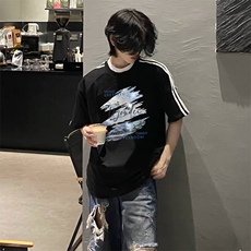 抖音得物高品质二开240克宽松纯棉美式潮牌三条杠织带短袖T恤，男装T恤，电商A486-1