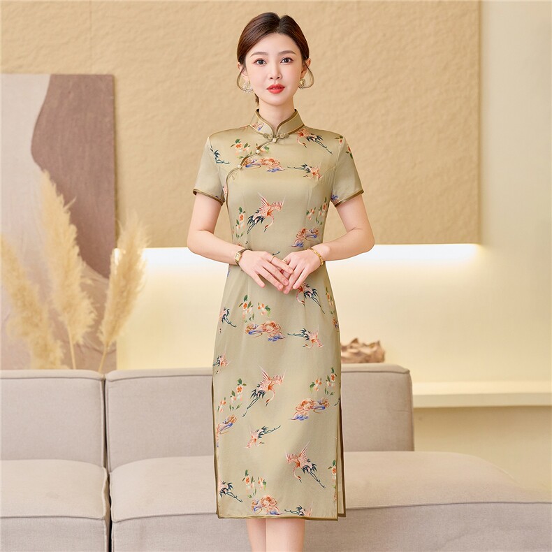 杭州品质真丝中长裙复古印花连衣裙女春夏日常修身潮流真丝旗袍,女装汉服/婚纱/旗袍/礼服,小荷流