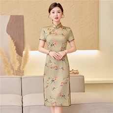 杭州品质真丝中长裙复古印花连衣裙女春夏日常修身潮流真丝旗袍，女装汉服/婚纱/旗袍/礼服，小荷流