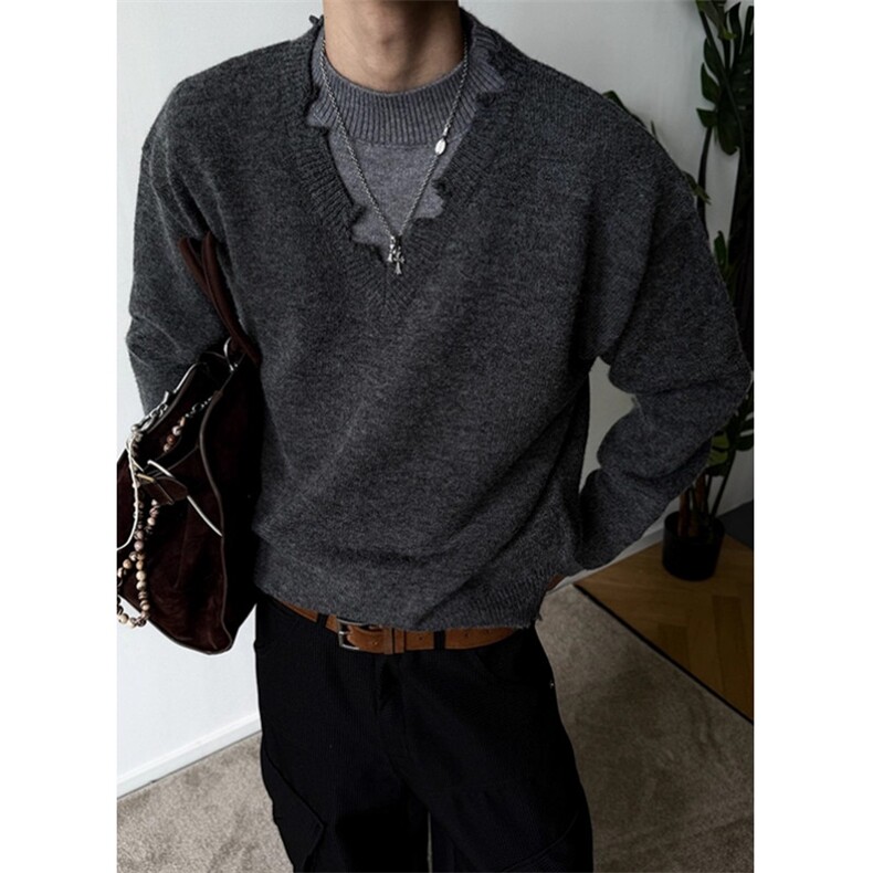 老钱风假两件V领毛衣男女宽松慵懒风破洞针织衫外套MY66，男装针织衫/毛衣，星座1116A（原606A-3）