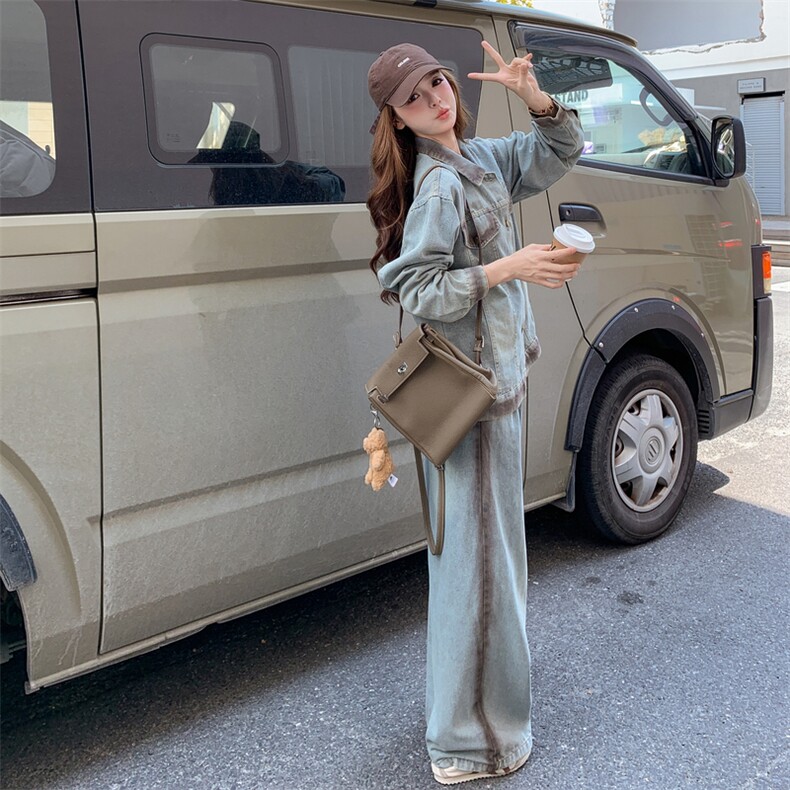 韩系设计感牛仔套装女撞色拼接2025秋季新款设计感上衣长裤两件套,女装套装/套裙,2C283