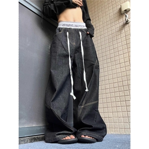 15GET美式立体裁剪弯刀裤水洗做旧baggy百搭拼接腰头拖地阔腿长裤图片