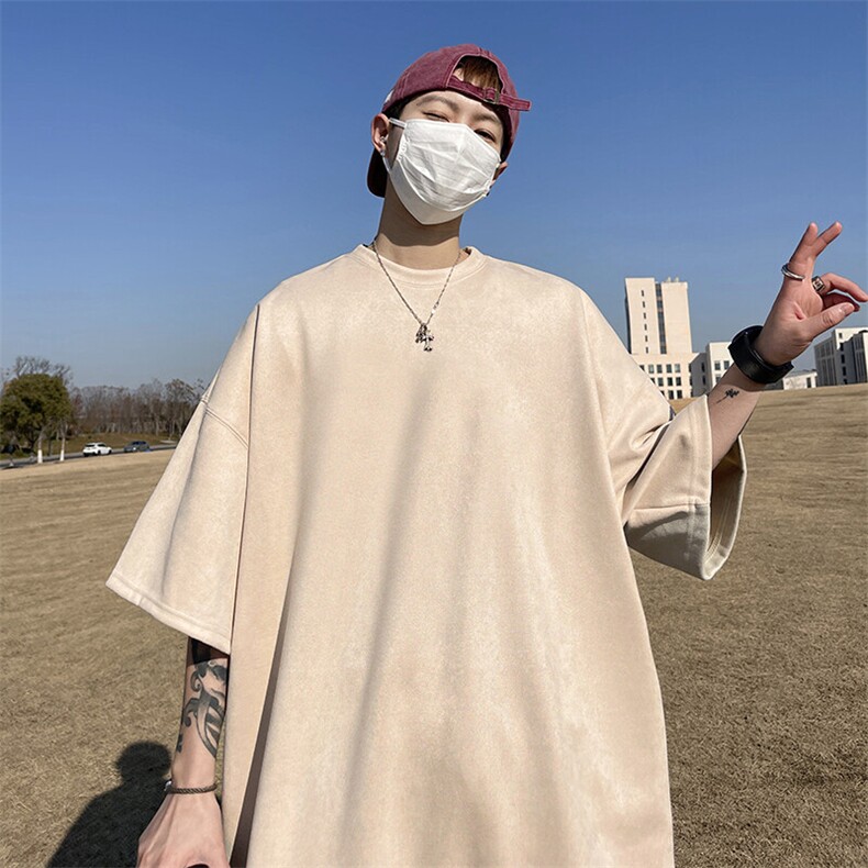 抖音得物直播高品质二开240克美式高街麂皮绒光版纯色短袖t恤12.5图片