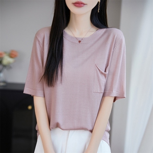 夏季天丝亚麻圆领短袖针织T恤打底衫女宽松显瘦韩版薄内搭简约潮图片