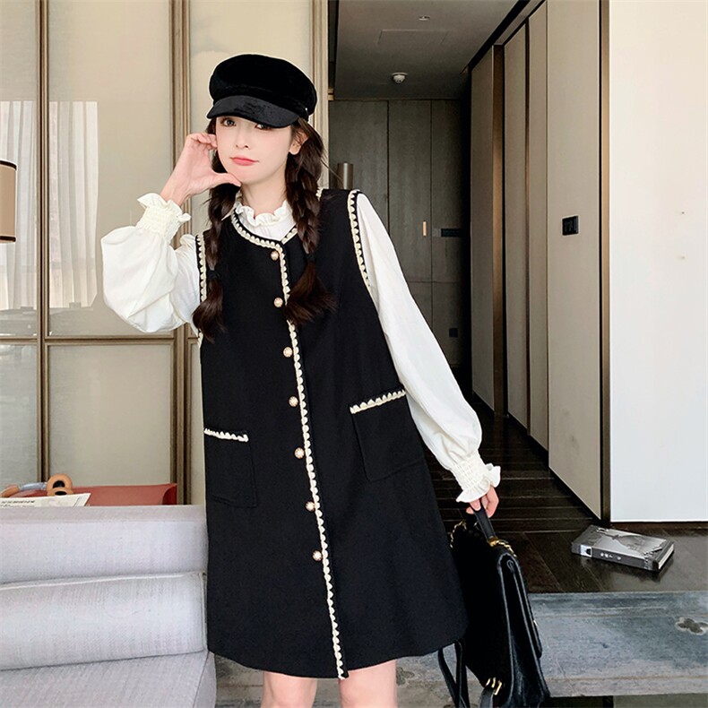 黑色小香风无袖连衣裙套装裙2025新款女春秋木耳边长袖上衣两件套,女装套装/套裙,2D078