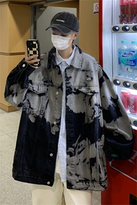 美式小众嘻哈拼色扎染翻领牛仔外套男秋冬潮牌宽松水洗做旧夹克衫图片