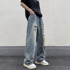 美式高街破洞牛仔裤男韩版潮流个性2023秋季新款ins长裤RK724-P45，男装牛仔裤，星座412-3