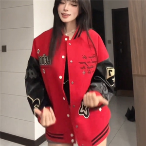潮牌重磅撞色pu皮拼接外套美式街头秋冬复古夹克图片