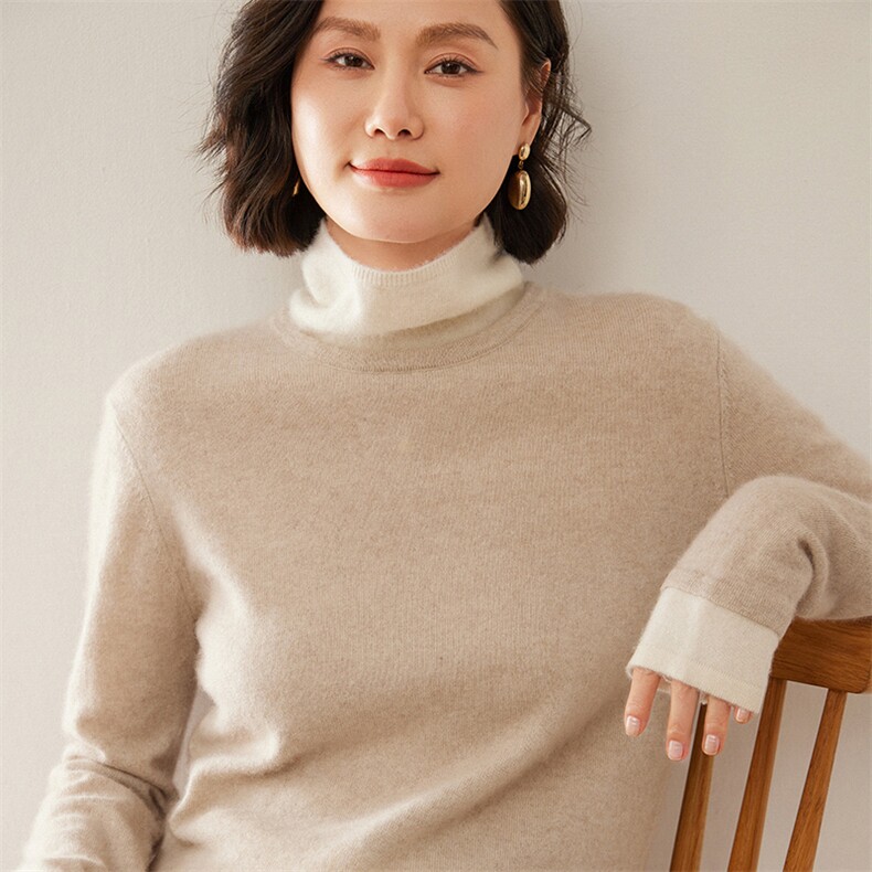 baby小山羊绒衫女堆堆领针织假两件上衣拼色套头毛衣打底衫,女装羊绒衫,尚达羊绒