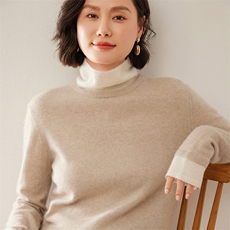 baby小山羊绒衫女堆堆领针织假两件上衣拼色套头毛衣打底衫，女装羊绒衫，尚达羊绒
