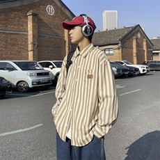 日系条纹衬衫男长袖春秋高级感宽松休闲美式复古设计感高级衬衣服，男装衬衫，星座412-3