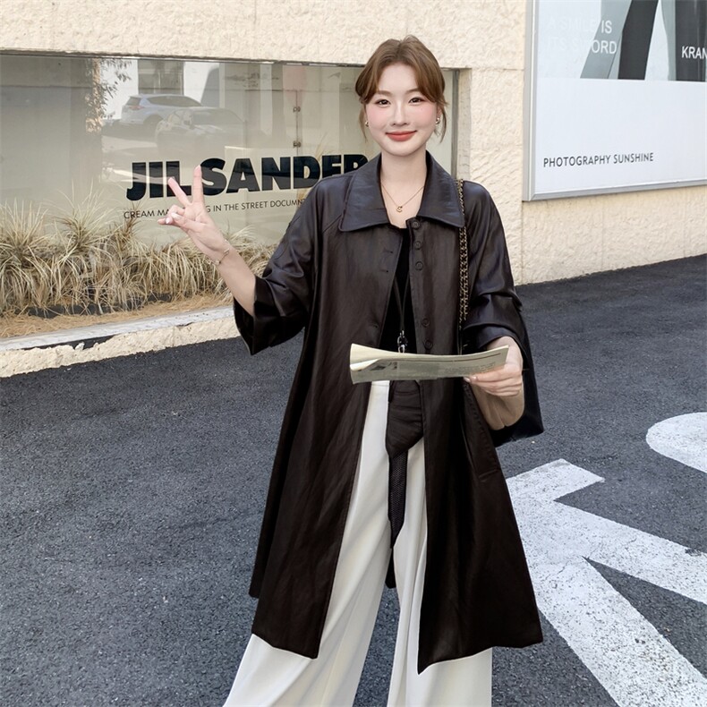 深棕色复古高级感气质皮衣外套女2025秋美式又酷又飒时尚翻领大衣,女装皮衣,2C176