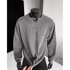 美式高街千鸟格子长袖T恤男女亨利V领英伦雅痞休闲宽松长袖打底衫，男装T恤，电商A443