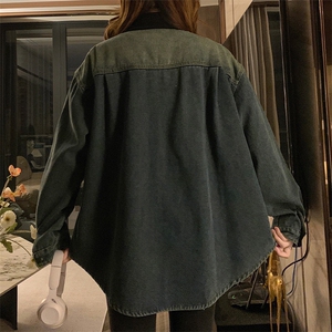 加绒加厚牛仔衬衫女复古灯芯绒拼接Polo领春秋冬潮 C634-98图片