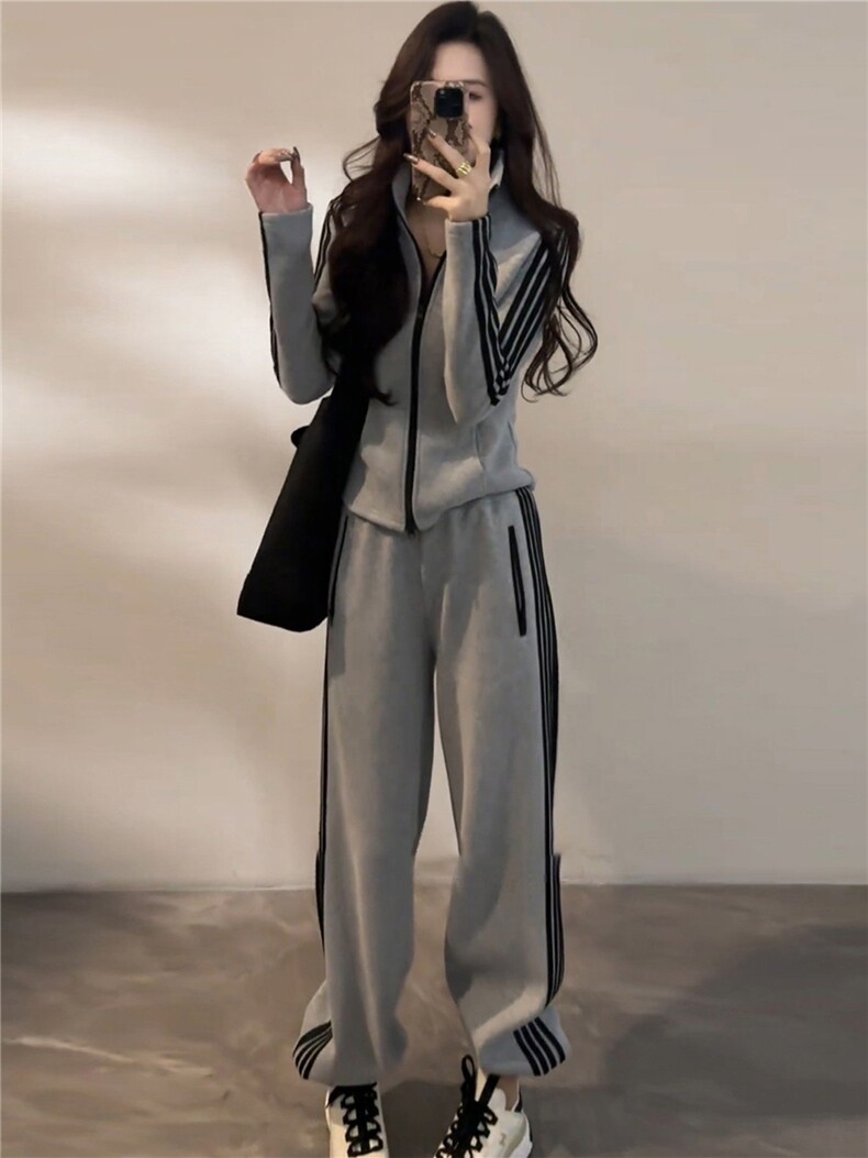 时尚休闲减龄套装女春新款修拉链开衫立领长袖上衣阔腿长裤两件套,女装套装/套裙,江南