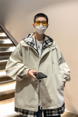 JK6006/P75秋装假两件格子撞色连帽夹克男潮宽松大码上衣外套男装，男装夹克，电商A141