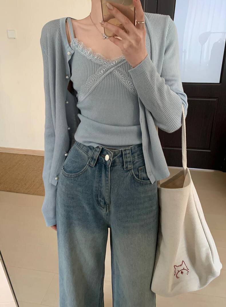 优雅气质女装羊毛衫套装显瘦蕾丝吊带开衫两件套,女装羊毛衫,圣旺供货