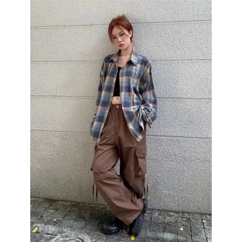 CT1002长袖衬衫美式复古蓝色格子衬衫男女春秋宽松长袖衬衣,男装衬衫,星座218-1（原230）
