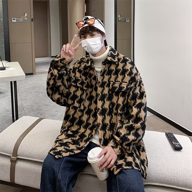 千鸟格呢子大衣男秋冬季港味复古百搭上衣古着毛呢外套潮图片