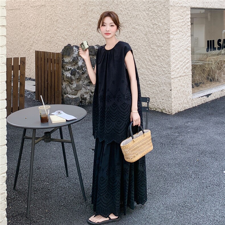 黑色镂空提花上衣半身裙套装女夏季2025新款独特高级感淡人两件套,女装套装/套裙,2C211