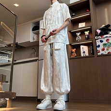 特批P77无差价夏季新中式唐装短袖衬衫束脚灯笼裤男CD2262+K1369，男装休闲套装，电商A001-1