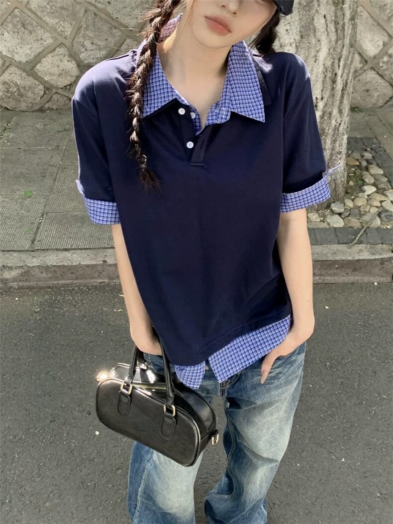 得物抖音高品质二开夏季美式潮牌高街假两件格子衬衣翻领短袖T恤,男装T恤,电商A486