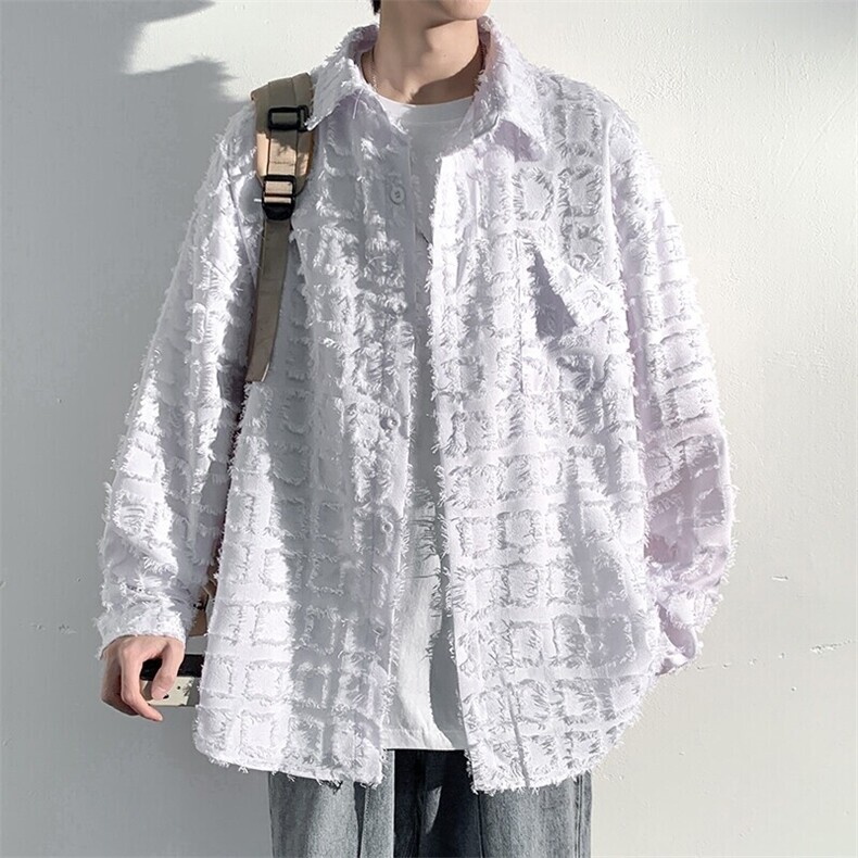 特批P45无差价25春款韩版潮流磨毛格子长袖衬衫男上衣潮衬衣C803,男装衬衫,电商A001