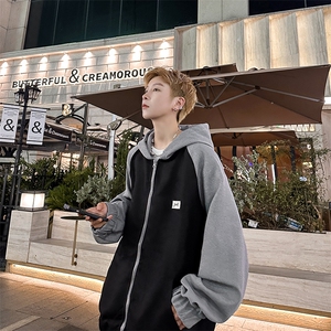 美式潮牌拼色连帽开衫卫衣男春秋学生宽松休闲大码外套WY112/P54图片