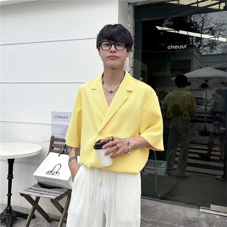 克莱因蓝短袖衬衫男夏季新款韩版宽松潮流男士华夫饼格休闲衬衣,男装T恤,星座506A