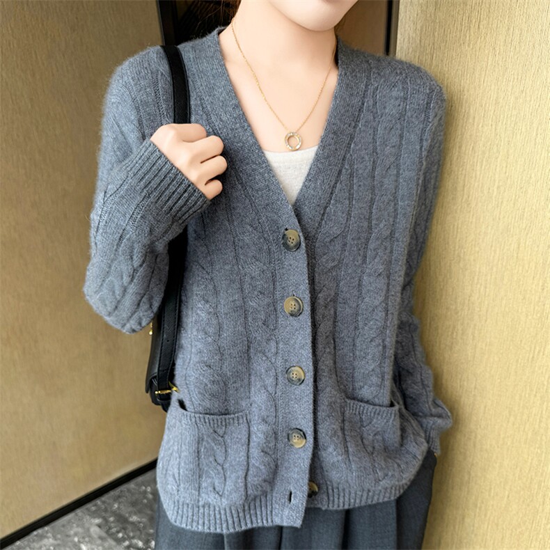 新款时尚百搭简约开衫V领纯色长袖针织羊绒衫女宽松显瘦上衣羊毛，女装针织衫/毛衣，暖绒情旗舰店