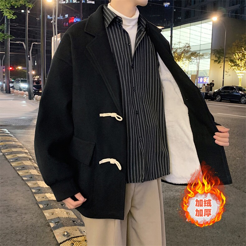 23冬季港风新款加绒加厚短款牛角扣毛呢大衣外套504-F13-P90控138，男装毛呢大衣，星座504