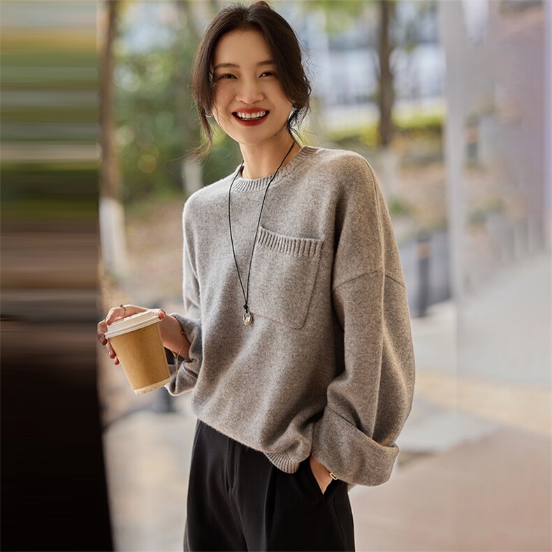 刘雯同款圆领山羊绒宽松灰色慵懒风毛衣女冬加厚设计感小众针织衫图片