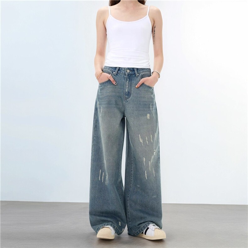 复古高街水洗破洞阔腿牛仔裤男女2025新款夏季薄高腰垂感直筒裤子,男装牛仔裤,电商A306-2